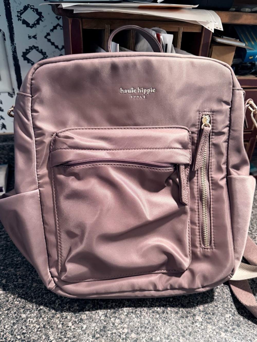Haute Hippie Mauve Pink Interior Backpack with Gold Hardware